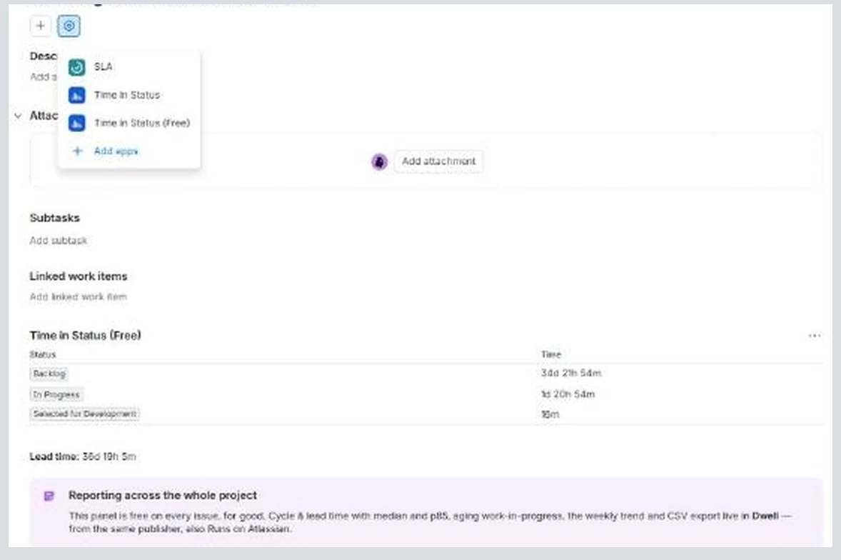 The Jira Apps menu open on an issue, showing the Time in Status (Free) entry, with the panel visible below